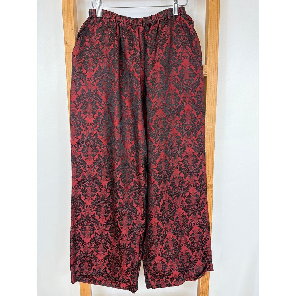 Krista Larson Red Black Flocked Floral Silk Waist Wide Leg Cuffed Pant OS
